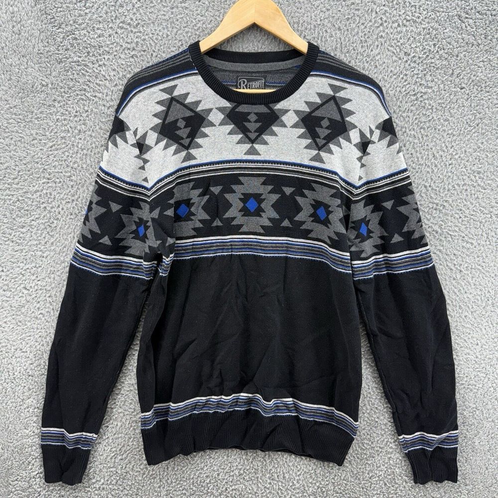 Retrofit Mens Large Black Geometric Holiday Long Sleeve Cotton Sweater Cozy Warm